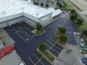 Ariel view of Walmart parking lot with fresh line striping to boost curb appeal