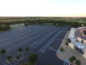 Overview of empty parking lot with new pavement markings