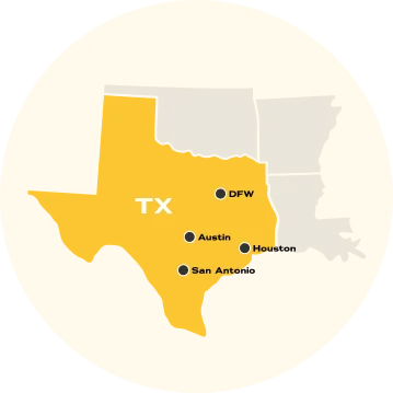 Texas service area map showing Alpha Paving coverage across DFW Austin and Houston regions
