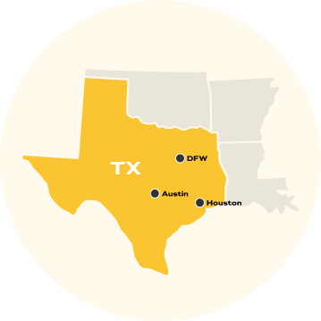map of Texas highlighting Alpha Paving service areas including Dallas Fort Worth Austin and Houston