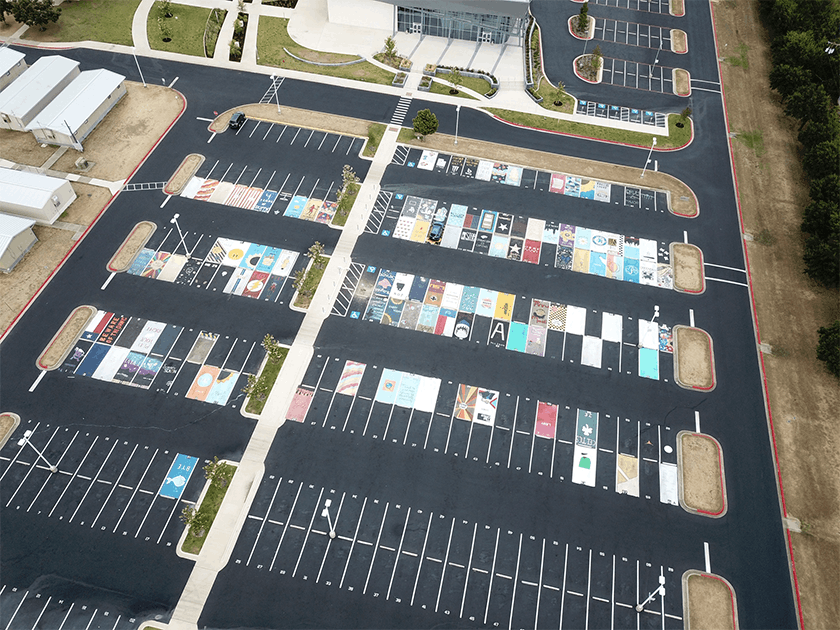 Birds eye view of school parking lot