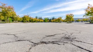 Empty Parking Lot with Cracked Asphalt and Autumn Trees under Blue Sky with Wispy Clouds, Creating Calm Outdoor Scene