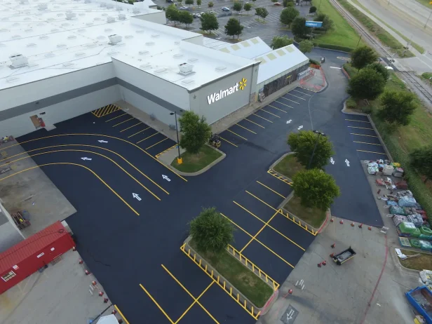 Ariel view of Walmart parking lot with fresh line striping to boost curb appeal