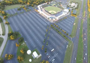 Image of an empty, freshly paved parking lot