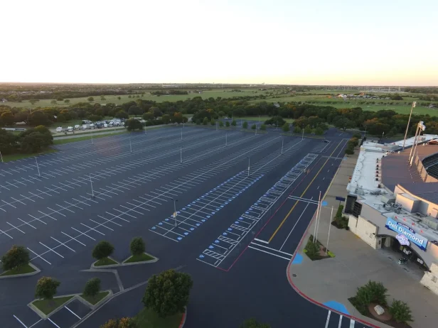 Overview of empty parking lot with new pavement markings